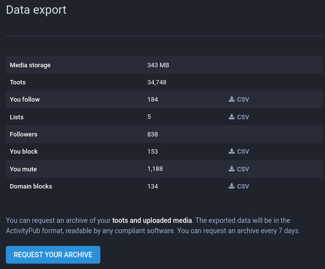 The data export page in settings